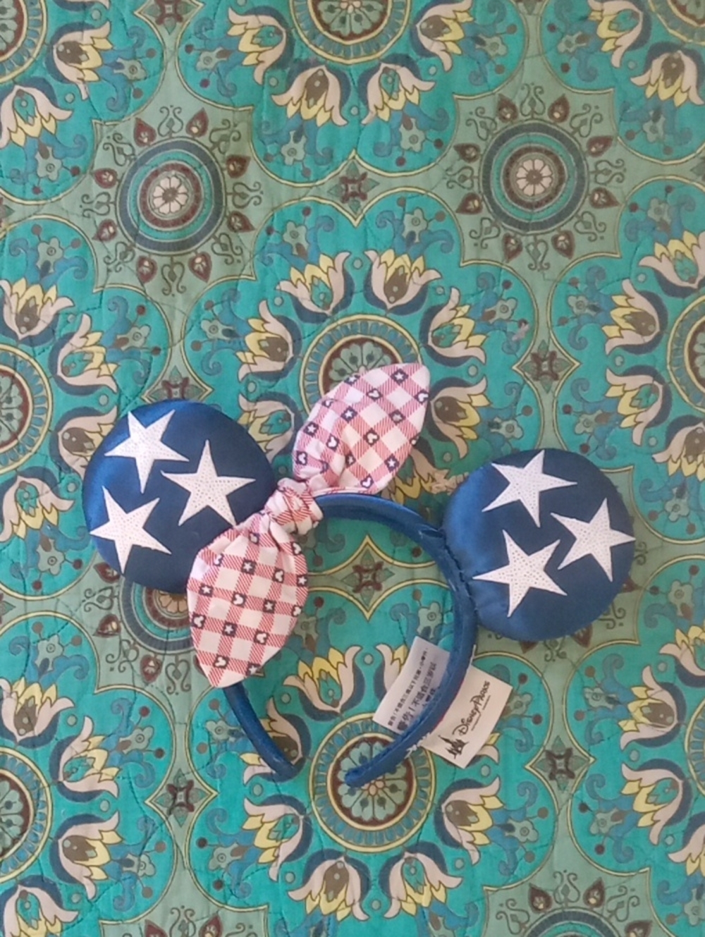Disney Blue Star Minnie Ears Headband with Pink Plaid Bow